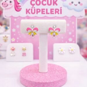 925 Ayar Gümüş Kurdele Detaylı Mineli Çocuk Küpesi